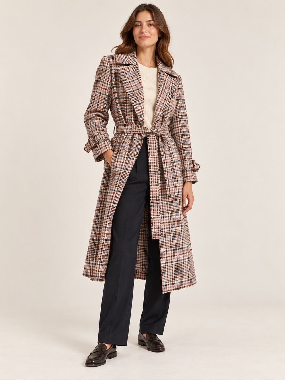 Massimo Dutti Checked Belted Trench Coat in Brown and Tan size S